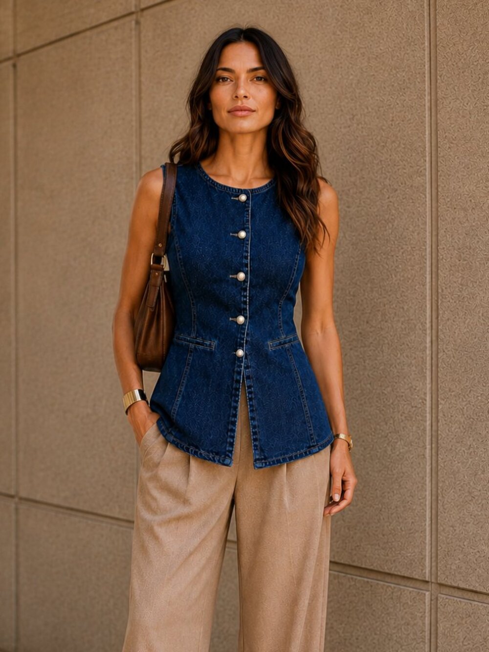 Denim Vest Fitted Waist Button Front Tailored Stretch Top Blue Size S